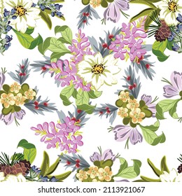 Resumen de patrón sin fisuras con plantas, hierbas y flores, ilustración botánica.