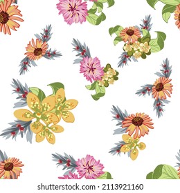 Abstract seamless pattern with plants, herbs and flowers, botanical illustration.