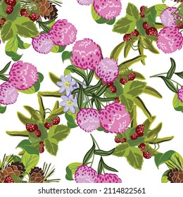 Abstract seamless pattern with plants, herbs and flowers, botanical illustration.