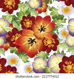 Abstract seamless pattern with plants, herbs and flowers, botanical illustration.