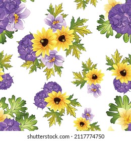 Abstract seamless pattern with plants, herbs and flowers, botanical illustration.