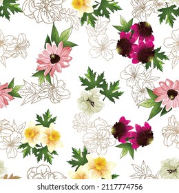 Abstract seamless pattern with plants, herbs and flowers, botanical illustration.
