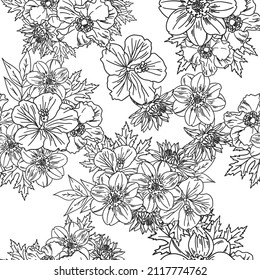 Abstract seamless pattern with plants, herbs and flowers, botanical illustration.