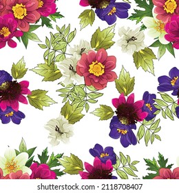 Abstract seamless pattern with plants, herbs and flowers, botanical illustration.