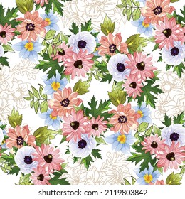 Abstract seamless pattern with plants, herbs and flowers, botanical illustration.
