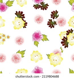 Abstraktes nahtloses Muster mit Pflanzen, Kräutern und Blumen, botanische Illustration.