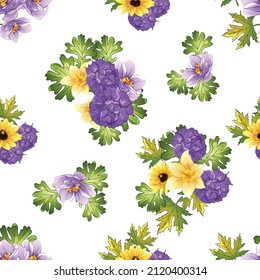 Abstract seamless pattern with plants, herbs and flowers, botanical illustration.
