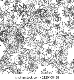 Resumen de patrón sin fisuras con plantas, hierbas y flores, ilustración botánica.