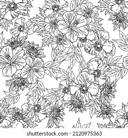 Resumen de patrón sin fisuras con plantas, hierbas y flores, ilustración botánica.