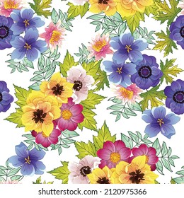 Abstract seamless pattern with plants, herbs and flowers, botanical illustration.