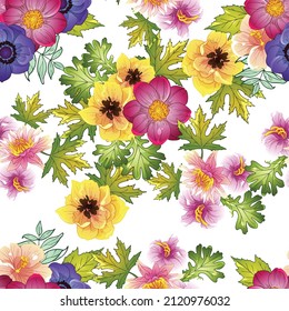 Abstract seamless pattern with plants, herbs and flowers, botanical illustration.
