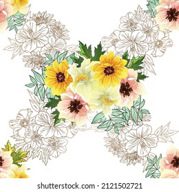 Resumen de patrón sin fisuras con plantas, hierbas y flores, ilustración botánica.