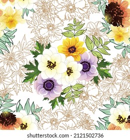 Abstract seamless pattern with plants, herbs and flowers, botanical illustration.