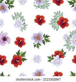 Abstract seamless pattern with plants, herbs and flowers, botanical illustration.