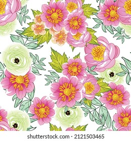 Abstract seamless pattern with plants, herbs and flowers, botanical illustration.