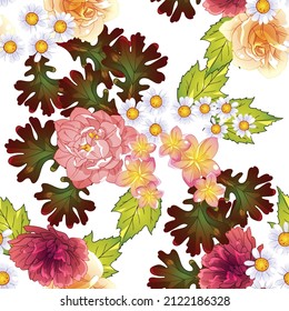 Abstract seamless pattern with plants, herbs and flowers, botanical illustration.