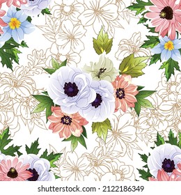 Abstract seamless pattern with plants, herbs and flowers, botanical illustration.