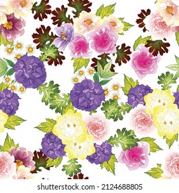Abstract seamless pattern with plants, herbs and flowers, botanical illustration.