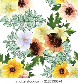 Abstract seamless pattern with plants, herbs and flowers, botanical illustration.