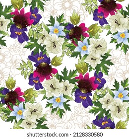Abstract seamless pattern with plants, herbs and flowers, botanical illustration.
