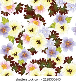 Abstract seamless pattern with plants, herbs and flowers, botanical illustration.