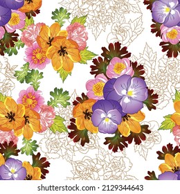 Abstract seamless pattern with plants, herbs and flowers, botanical illustration.