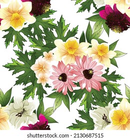 Abstract seamless pattern with plants, herbs and flowers, botanical illustration.