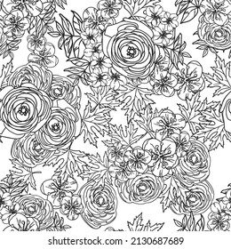 Abstract seamless pattern with plants, herbs and flowers, botanical illustration.
