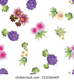 Abstract seamless pattern with plants, herbs and flowers, botanical illustration.
