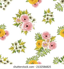 Abstract seamless pattern with plants, herbs and flowers, botanical illustration.