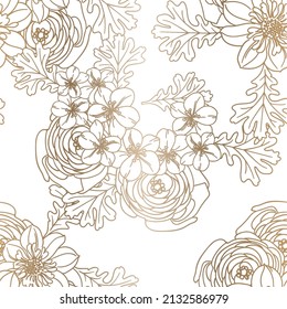 Abstract seamless pattern with plants, herbs and flowers, botanical illustration.