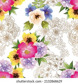 Abstract seamless pattern with plants, herbs and flowers, botanical illustration.