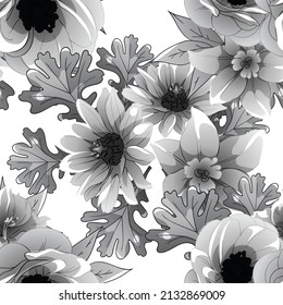 Abstract seamless pattern with plants, herbs and flowers, botanical illustration.