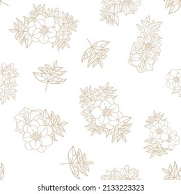 Abstract seamless pattern with plants, herbs and flowers, botanical illustration.