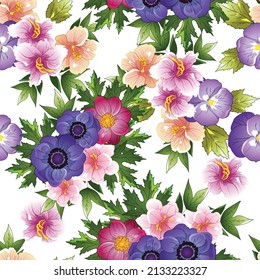 Abstract seamless pattern with plants, herbs and flowers, botanical illustration.