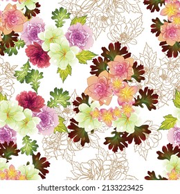 Abstract seamless pattern with plants, herbs and flowers, botanical illustration.