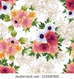 Resumen de patrón sin fisuras con plantas, hierbas y flores, ilustración botánica.