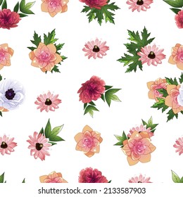 Abstract seamless pattern with plants, herbs and flowers, botanical illustration.
