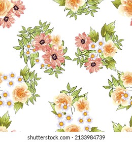 Abstract seamless pattern with plants, herbs and flowers, botanical illustration.
