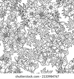 Abstract seamless pattern with plants, herbs and flowers, botanical illustration.