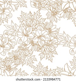 Abstract seamless pattern with plants, herbs and flowers, botanical illustration.