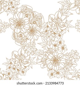 Abstract seamless pattern with plants, herbs and flowers, botanical illustration.