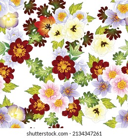 Abstract seamless pattern with plants, herbs and flowers, botanical illustration.
