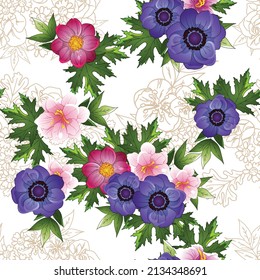 Abstract seamless pattern with plants, herbs and flowers, botanical illustration.