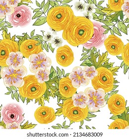 Abstract seamless pattern with plants, herbs and flowers, botanical illustration.