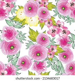 Abstract seamless pattern with plants, herbs and flowers, botanical illustration.