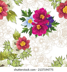 Abstract seamless pattern with plants, herbs and flowers, botanical illustration.