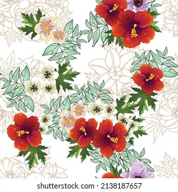 Abstraktes nahtloses Muster mit Pflanzen, Kräutern und Blumen, botanische Illustration.