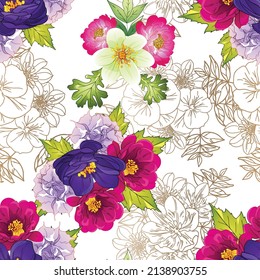 Abstract seamless pattern with plants, herbs and flowers, botanical illustration.