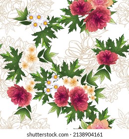 Abstract seamless pattern with plants, herbs and flowers, botanical illustration.
